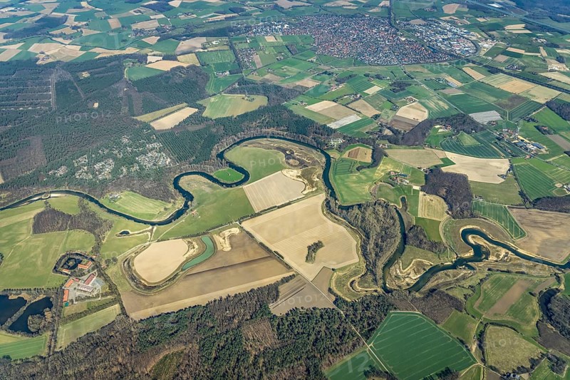 Aerial view, Lippe reorganisation, river Lippe, renaturation, new Lippe meanders, restoration of the old Lippe meanders, natural river course, Hötting, Datteln, Ruhr area, North Rhine-Westphalia, Germany, DE, Europe, birds-eyes view, aerial photography, aerial photography, overview, bird's eye view