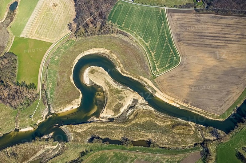 Aerial view, Lippe reorganisation, river Lippe, renaturation, new Lippe meanders, restoration of the old Lippe meanders, natural river course, Hötting, Datteln, Ruhr area, North Rhine-Westphalia, Germany, Olfen, DE, Europe, birds-eyes view, aerial photography, aerial photography, aerial photography, overview, bird's eye view