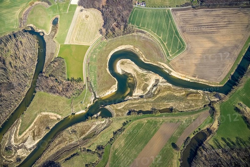 Aerial view, Lippe reorganisation, river Lippe, renaturation, new Lippe meanders, restoration of the old Lippe meanders, natural river course, Hötting, Datteln, Ruhr area, North Rhine-Westphalia, Germany, DE, Europe, birds-eyes view, aerial photography, aerial photography, overview, bird's eye view