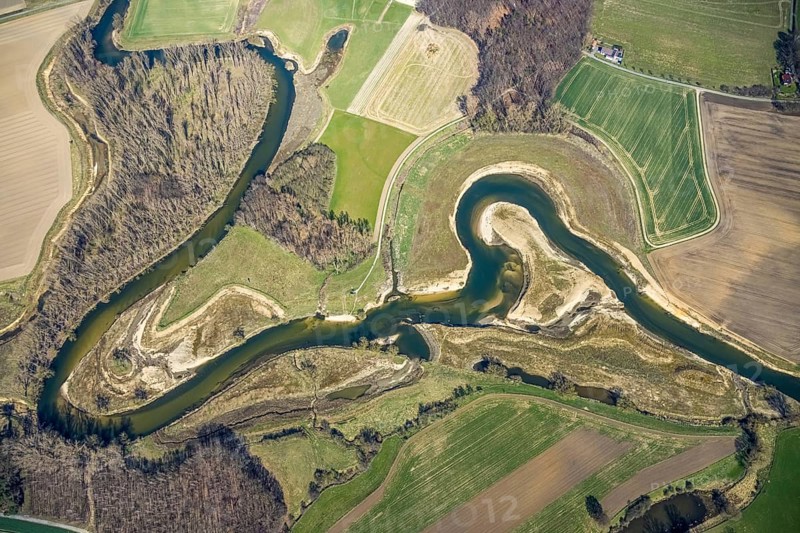 Aerial view, Lippe reorganisation, river Lippe, renaturation, new Lippe meanders, restoration of the old Lippe meanders, natural river course, Hötting, Datteln, Ruhr area, North Rhine-Westphalia, Germany, DE, Europe, birds-eyes view, aerial photography, aerial photography, overview, bird's eye view