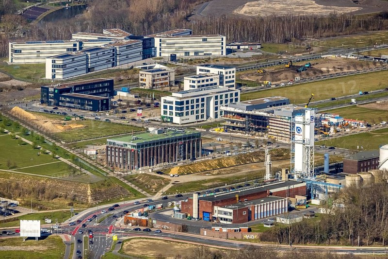 Aerial view, technology park Phönix-West, Amprion, Hacheney, Dortmund, Ruhr area, North Rhine-Westphalia, Germany, DE, Europe, commercial enterprises, commercial area, commercial park, commercial location, commercial use, industrial area, industrial building, industrial location, aerial photograph, aerial photography, aerial photography, overview, bird's-eye view, overview, power supply company