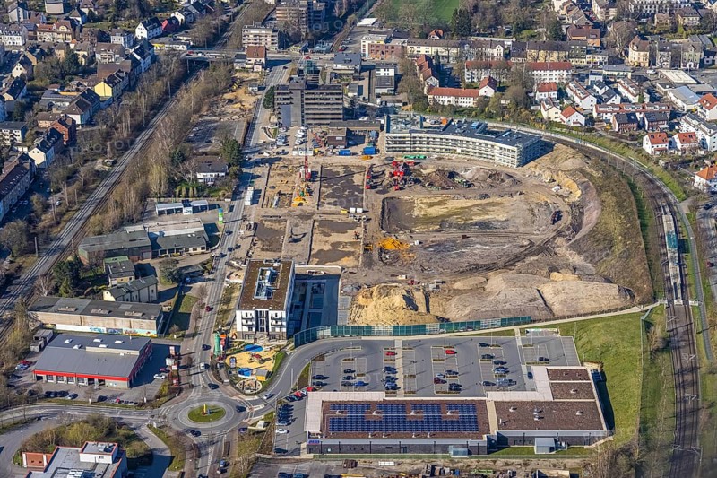 Aerial view, Hombrucher Bogen, construction site for commercial areas and apartment buildings, Hombruch, Dortmund, Ruhr area, North Rhine-Westphalia, Germany, construction work, construction area, construction site, building plots, construction project, construction site, DE, Europe, roundabout, roundabout, aerial view, aerial photography, aerial photography, new building, snow, overview, bird's eye view, winter, winter slump, winter landscape, birds-eyes view, former prefabricated concrete plant at Luisenglück, overview