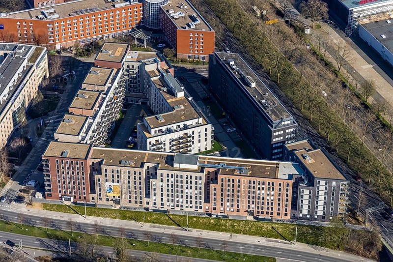 Aerial view, Steigenberger Hotel Dortmund, new building Berswordt-Quartier, multi-family house residential complex, Westfalenhalle, Dortmund, Ruhr area, North Rhine-Westphalia, Germany, DE, Europe, gastronomy, property tax, hotel, hotel facilities, hotel industry, real estate, aerial photography, aerial photography, overview, bird's-eye view, residential complex, living and living, residential buildings, quality of living, residential neighbourhood, birds-eyes view, overview