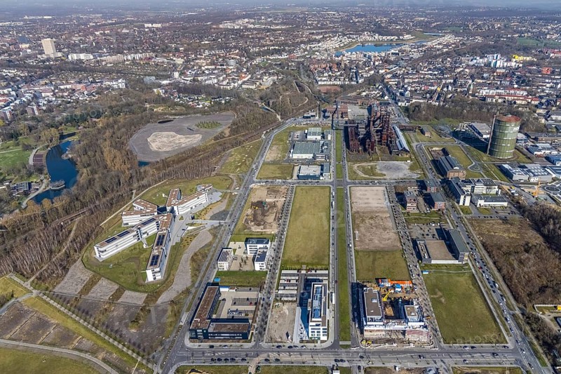 Aerial view, technology park Phönix-West, blast furnace plant, Hacheney, Dortmund, Ruhr area, North Rhine-Westphalia, Germany, DE, Europe, commercial enterprises, commercial area, commercial park, commercial location, commercial use, industrial area, industrial building, industrial location, aerial photograph, aerial photography, aerial photography, overview, bird's-eye view, overview
