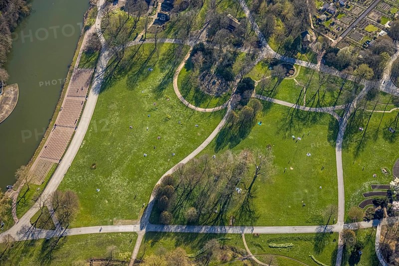 Aerial view, lawn in Westfalenpark, spring weather on Dortmund's lawns, Dortmund, Ruhr area, North Rhine-Westphalia, Germany, DE, Europe, birds-eyes view, aerial view, aerial photography, aerial photography, overview, overview, bird's eye view, spring, summer weather in March, Dortmund's lawns, sunbathing with Corona distance