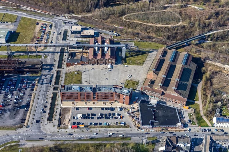 Aerial view, Technology Park Phönix-West, Phönixplatz, Warsteiner Music Hall, Alte Fabrikhalle Schalthaus 101, Hacheney, Dortmund, Ruhr area, North Rhine-Westphalia, Germany, DE, Europe, commercial enterprises, commercial area, commercial park, commercial location, commercial use, industrial area, industrial building, industrial location, aerial view, aerial photography, aerial photography, overview, bird's-eye view, overview