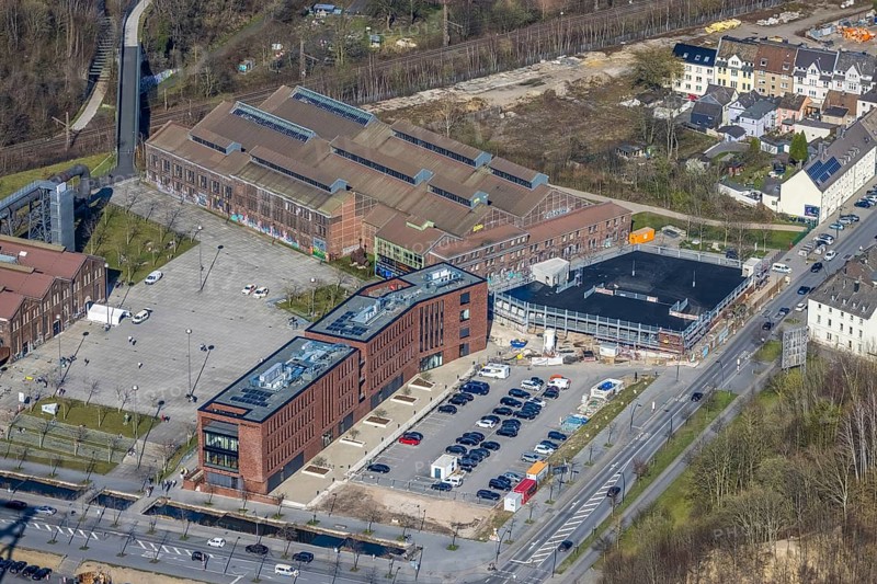 Aerial view, Technology Park Phönix-West, Phönixplatz, Warsteiner Music Hall, Alte Fabrikhalle Schalthaus 101, Hacheney, Dortmund, Ruhr area, North Rhine-Westphalia, Germany, DE, Europe, commercial enterprises, commercial area, commercial park, commercial location, commercial use, industrial area, industrial building, industrial location, aerial view, aerial photography, aerial photography, overview, bird's-eye view, overview