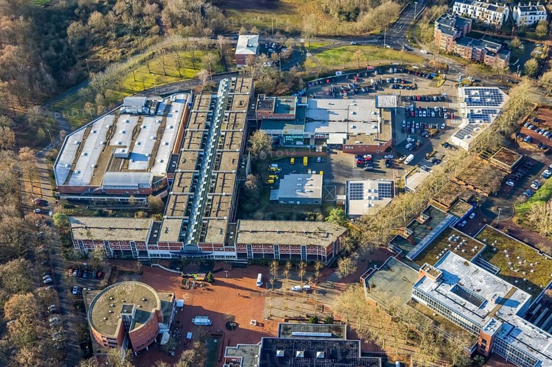 Aerial view of the shopping centre Wulfener Markt in Dorsten in the Ruhr area in North Rhine-Westphalia, Germany, DE, Germany, Dorsten, shopping, shopping centre, shopping markets, shopping place, shopping centre, Europe, aerial view, aerial photograph, aerial photography, aerial photography, local supply centre, North Rhine-Westphalia, police station Wulfen, Ruhr area, shopping, shopping centre, overview, bird's eye view, Wulfener Markt, birds-eyes view, overview