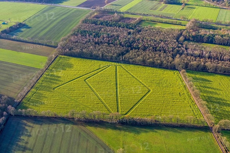 Aerial view with traces in the landscape in Dorsten in the Ruhr area in North Rhine-Westphalia, Germany, DE, Germany, Dorsten, Europe, shapes and colours, Hervester Straße, aerial view, aerial photograph, aerial photography, aerial photography, North Rhine-Westphalia, Ruhr area, overview, bird's-eye view, forest, meadows and fields, birds-eyes view, overview