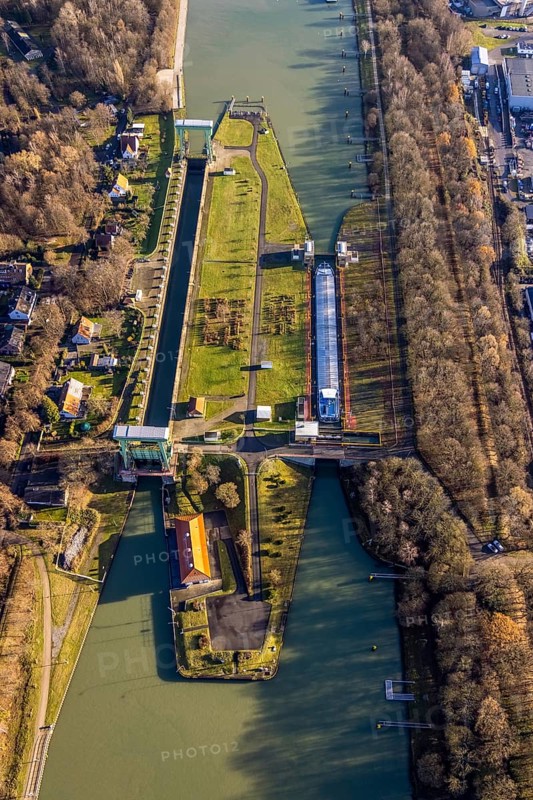 Aerial view large lock Dorsten on the Wesel-Datteln Canal near Dorsten in the Ruhr area in North Rhine-Westphalia, Germany, DE, Germany, Dorsten, Europe, aerial view, aerial photography, aerial photography, aerial photography, North Rhine-Westphalia, Ruhr area, lock, overview, bird's eye view, Wesel-Datteln Canal, birds-eyes view, overview