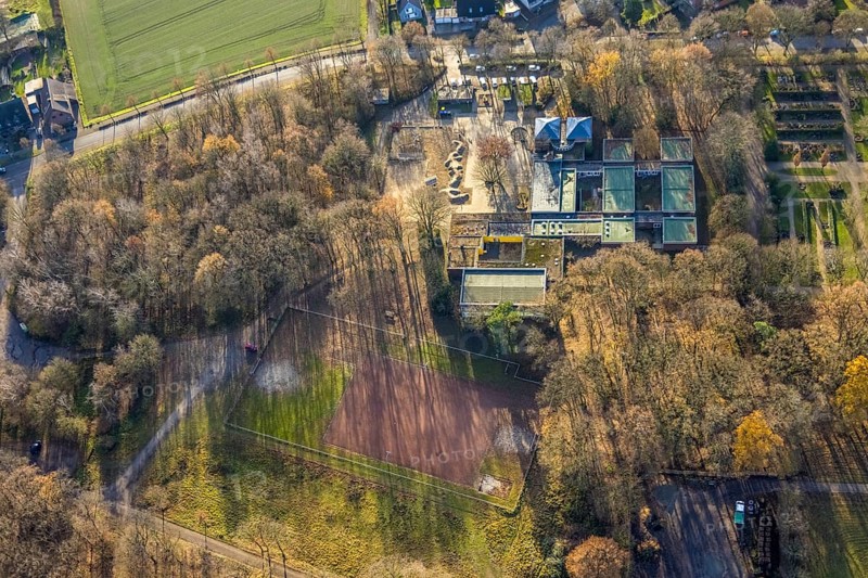 Aerial view of the Albert-Schweitzer-School in the district Hervest in the Glück-Auf-Straße in Dorsten in the Ruhr area in North Rhine-Westphalia, Germany, education, educational institution, DE, Germany, Dorsten, Europe, educational institute, aerial view, aerial photograph, aerial photography, aerial photography, North Rhine-Westphalia, Ruhr area, school, sports field, overview, bird's-eye view, overview