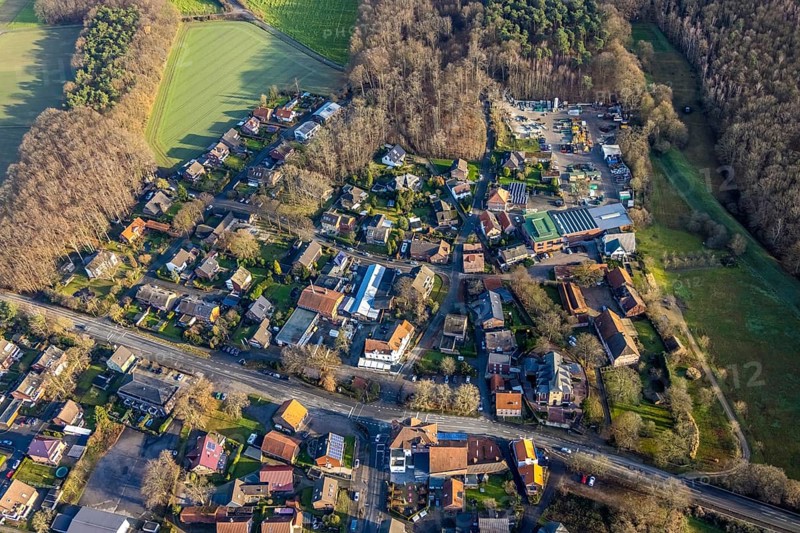Aerial view of St Paul's Catholic Church in Dorfstraße in Dorsten in the Ruhr area in North Rhine-Westphalia, Germany, place of worship, DE, Germany, Dorsten, Europe, religious community, place of worship, property tax, holy site, real estate, church, parish, denomination, aerial view, aerial photograph, aerial photography, aerial photography, North Rhine-Westphalia, religion, religious site, Ruhr area, overview, bird's-eye view, residential area, living and life, residential area, residential buildings, quality of life, residential neighbourhood, housing estate, birds-eyes view, overview