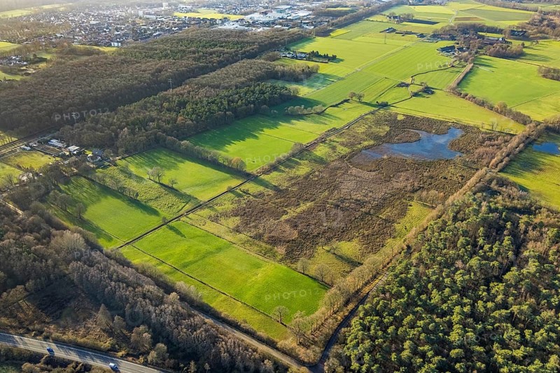 Aerial photo bird observation area and nature reserve Hervester Bruch in Dorsten in the Ruhr area in North Rhine-Westphalia, Germany, DE, Germany, Dorsten, Europe, aerial photo, aerial photography, aerial photography, nature reserve, nature reserve, North Rhine-Westphalia, Ruhr area, overview, environmental protection, bird's eye view, Wienbach, birds-eyes view, overview
