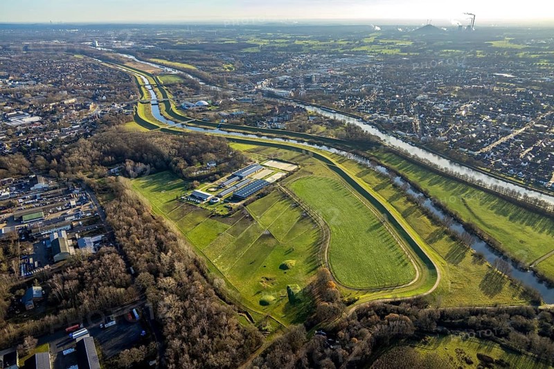 Aerial view of the equestrian centre Gut Hohenkamp with river Lippe and Weser-Datteln-Canal in Dorsten in the Ruhr area in North Rhine-Westphalia, Germany, DE, Germany, Dorsten, Europe, aerial view, aerial photography, aerial photography, North Rhine-Westphalia, horses, equestrian sports, equestrian centre, equestrian centre, equestrian club, riding stable, Ruhr area, overview, bird's eye view, Weser-Datteln-Canal, birds-eyes view, overview