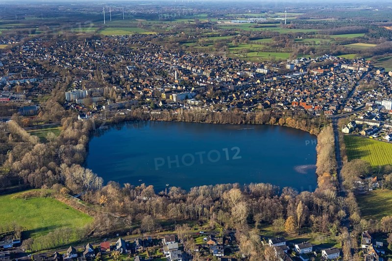Aerial view of Blauer See used as a water reservoir by RWW Rheinisch-Westfälische Wasserwerksgesellschaft mbH in Dorsten in the Ruhr area in North Rhine-Westphalia, Germany, DE, Germany, Dorsten, Europe, aerial view, aerial photograph, aerial photography, aerial photography, North Rhine-Westphalia, Ruhr area, lake, overview, bird's-eye view, overview