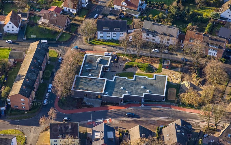 Aerial view of the new construction of the day care centre on Antoniusplatz in the Holsterhausen district of Dorsten in the Ruhr area in North Rhine-Westphalia, Germany, DE, Germany, Dorsten, Europe, kindergarten, day care centre, day care facility, day care centre, aerial photograph, aerial photography, aerial photography, new construction, North Rhine-Westphalia, Ruhr area, overview, bird's-eye view, overview