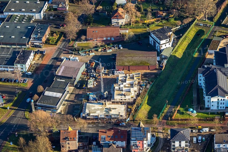 Aerial view of a construction site An der Molkerei und Regensickerbecken in Dorsten in the Ruhr area in North Rhine-Westphalia, Germany, construction work, construction, construction area, building site, building plots, construction project, construction site, DE, Germany, Dorsten, Europe, aerial view, aerial photograph, aerial photography, aerial photography, aerial photography, new construction, North Rhine-Westphalia, Ruhr area, overview, bird's eye view, overview