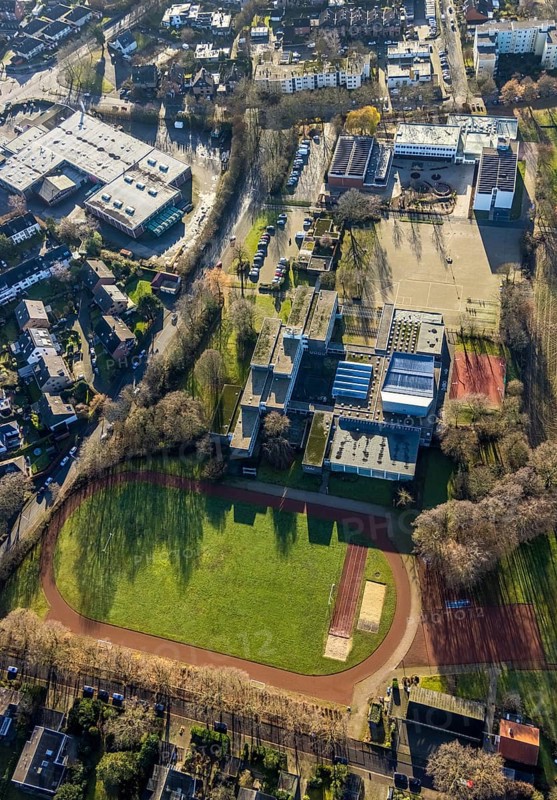 Aerial view of the sports field at the St. Ursula Realschule and Agathaschule in Dorsten in the Ruhr area in North Rhine-Westphalia, Germany, education, educational institution, DE, Germany, Dorsten, Europe, football pitch, teaching institute, athletics stadium, aerial view, aerial photograph, aerial photography, aerial photography, Nonnenkamp, North Rhine-Westphalia, secondary school, Ruhr area, school, sport, sports facilities, sports field, sports facility, overview, bird's eye view, bird's eye view, overview