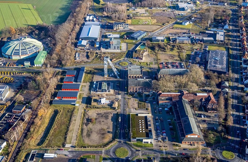 Aerial view of the CreativQuartier Fürst Leopold on the former site of the Fürst Leopold colliery in Halterner Straße in Dorsten in the Ruhr area in North Rhine-Westphalia, Germany, DE, Germany, Dorsten, Europe, winding tower, aerial view, aerial photograph, aerial photography, aerial photography, North Rhine-Westphalia, Ruhr area, overview, bird's eye view, colliery, birds-eyes view, former colliery, overview