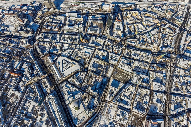 Aerial view, city centre, Wallring, Thier-Galerie, city, Dortmund, Ruhr area, North Rhine-Westphalia, Germany, DE, Europe, aerial photography, aerial photography, aerial photography, RWE Tower, snow, city view, city area, city centre, Thier-Galerie Dortmund, overview, bird's-eye view, winter, onset of winter, winter landscape, birds-eyes view, overview