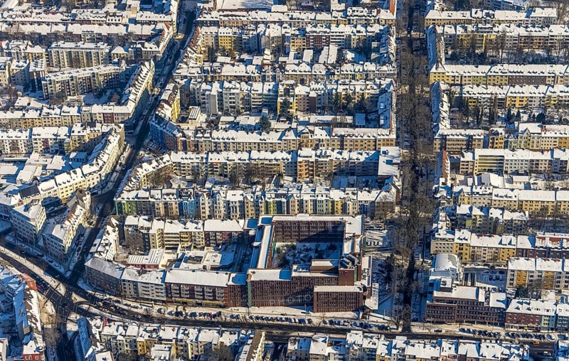 Aerial view, city centre, residential buildings Hohe Straße, Landgrafenstraße, Westfalenhalle, Dortmund, Ruhr area, North Rhine-Westphalia, Germany, City, DE, Europe, property tax, real estate, aerial view, aerial photography, aerial photography, snow, city view, city area, city centre, overview, bird's eye view, winter, winter slump, winter landscape, residential complex, living and life, residential area, residential buildings, residential quality, residential quarter, housing estate, birds-eyes view, overview, perimeter block development
