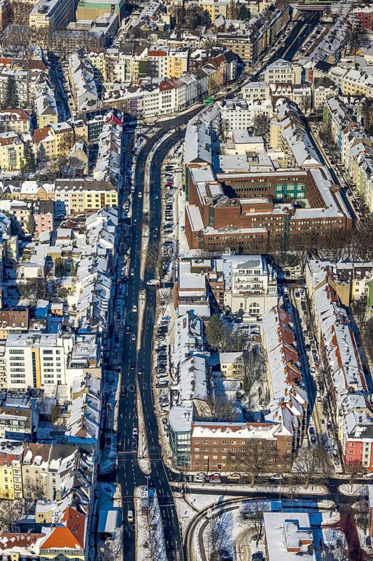 Aerial view, city centre, Hohe Straße, Ruhrallee, Dortmund, Ruhr area, North Rhine-Westphalia, Germany, federal road B54, City, Continentale Versicherungsverbund, DE, Europe, property tax, real estate, aerial view, aerial photography, aerial photography, snow, city view, city area, city centre, overview, bird's eye view, winter, winter slump, winter landscape, residential area, living and life, residential area, residential buildings, residential quality, residential quarter, housing estate, birds-eyes view, overview