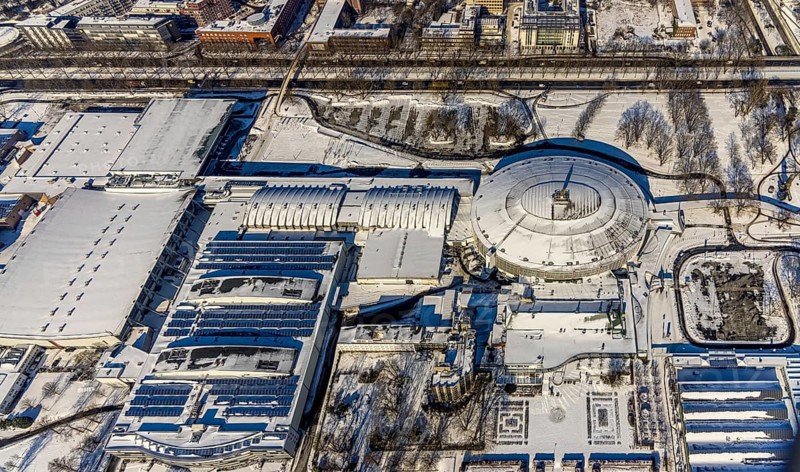 Aerial view, Westfalenhalle, Dortmund, Ruhr area, North Rhine-Westphalia, Germany, DE, Europe, aerial view, aerial photography, aerial photography, snow, overview, bird's eye view, winter, onset of winter, winter landscape, birds-eyes view, overview