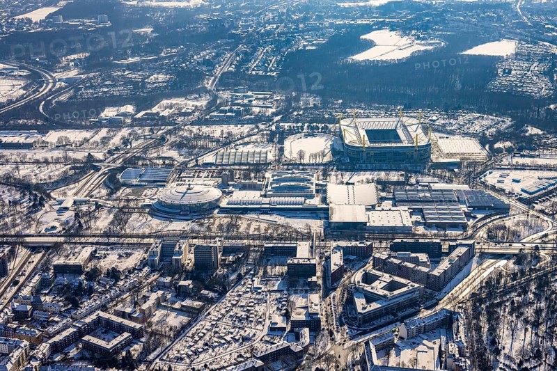 Aerial view, BVB stadium Signal Iduna Park, building complex Berswordt-Quartier, Westfalenhalle, Dortmund, Ruhr area, North Rhine-Westphalia, Germany, Bundesliga stadium, DE, Europe, Dortmund University of Applied Sciences and Arts - Department of Design, aerial photography, aerial photography, aerial photography, snow, overview, bird's-eye view, winter, onset of winter, winter landscape, birds-eyes view, overview