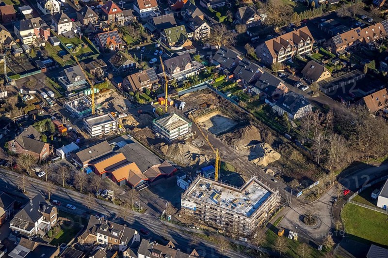 Aerial view of the former Rexforth garden centre with a construction site and new development area in Bochumer Straße in Dorsten in the Ruhr area in North Rhine-Westphalia, Germany, demolition work, construction work, building, construction area, building site, building plots, construction project, construction site, DE, Germany, Dorsten, Europe, aerial view, aerial photograph, aerial photography, aerial photography, new construction, North Rhine-Westphalia, Ruhr area, overview, bird's-eye view, bird's-eye view, overview