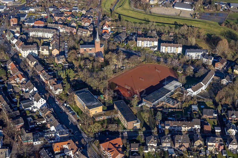 Aerial view of St John's Church in Beethovenstraße and St John's Catholic Kindergarten and Geschwister-Scholl-School next to the sports field in Dorsten in the Ruhr area in North Rhine-Westphalia, Germany, worship place, education, educational institution, DE, Germany, Dorsten, Europe, football pitch, religious community, place of worship, holy place, kindergarten, day nursery, day care centre, church, church community, day care centre, denomination, educational institute, aerial view, aerial photograph, aerial photography, aerial photography, North Rhine-Westphalia, religion, religious site, Ruhr area, school, sports facilities, sports field, sports facility, overview, bird's eye view, birds-eyes view, overview