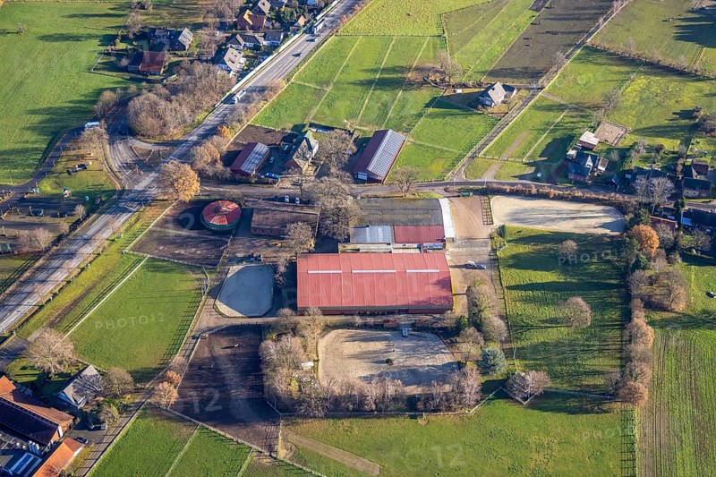 Aerial view of the horse boarding stable Schult in the Nierleistraße in Dorsten in the Ruhr area in North Rhine-Westphalia, Germany, DE, Germany, Dorsten, Europe, aerial view, aerial photograph, aerial photography, aerial photography, North Rhine-Westphalia, horses, horse boarding, equestrian sport, riding centre, riding stable, riding club, riding school, riding stable, Ruhr area, overview, bird's eye view, bird's eye view, overview