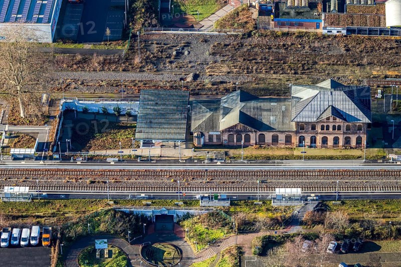 Aerial view of Dorsten railway station in Dorsten in the Ruhr area in North Rhine-Westphalia, Germany, railway tracks, railway station, DE, Deutsche Bahn AG, Germany, Dorsten, Europe, main station, aerial view, aerial photograph, aerial photography, aerial photography, North Rhine-Westphalia, Ruhr area, S-Bahn, overview, Vestische Allee, bird's eye view, birds-eyes view, overview