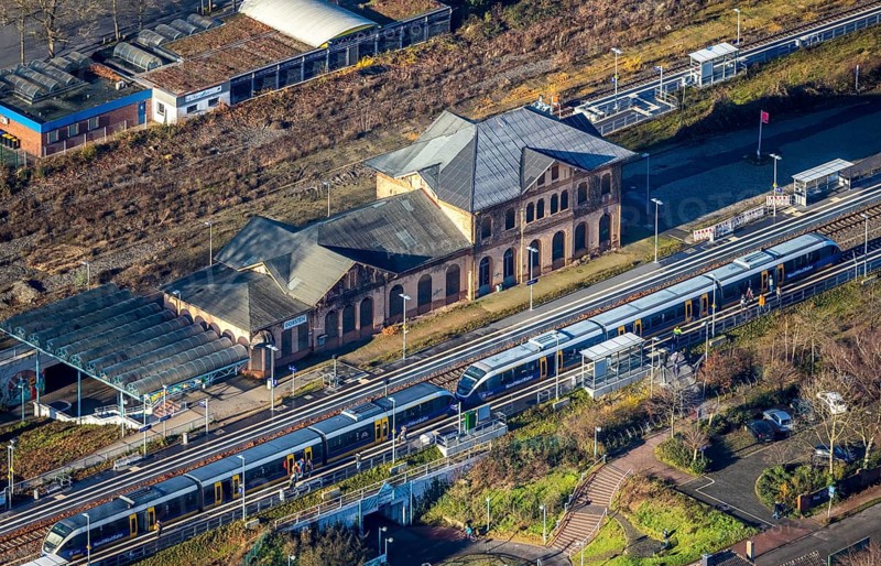 Aerial view of Dorsten railway station in Dorsten in the Ruhr area in North Rhine-Westphalia, Germany, railway tracks, railway station, DE, Deutsche Bahn AG, Germany, Dorsten, Europe, main station, aerial view, aerial photograph, aerial photography, aerial photography, North Rhine-Westphalia, Ruhr area, S-Bahn, overview, Vestische Allee, bird's eye view, birds-eyes view, overview