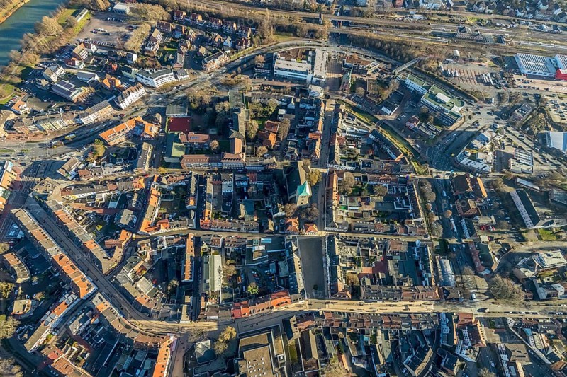 Aerial view of the old town with Grabenstraße and Wallstraße and the catholic church St. Agatha in Dorsten in the Ruhr area in North Rhine-Westphalia, Germany, place of worship, DE, Germany, Dorsten, Europe, religious community, house of worship, property tax, real estate, church, parish, church square, denomination, aerial view, aerial photograph, aerial photography, aerial photography, North Rhine-Westphalia, religion, religious site, Ruhr area, overview, bird's-eye view, residential area, living and life, residential area, residential buildings, quality of life, residential neighbourhood, housing estate, birds-eyes view, overview