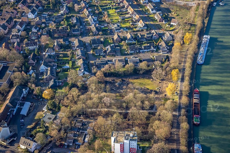 Aerial view of a construction site at the Wesel-Datteln Canal in Dorsten in the Ruhr area in North Rhine-Westphalia, Germany, inland navigation, DE, Germany, Dorsten, Europe, goods transport, goods traffic, cargo ships, logistics, aerial view, aerial photograph, aerial photography, aerial photography, North Rhine-Westphalia, Ruhr area, ship, shipping, shipping traffic, overview, bird's eye view, Wesel-Datteln Canal, birds-eyes view, overview