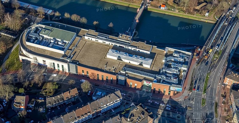 Aerial view of the shopping centre Mercaden Dorsten am Westwall am Wesel-Datteln-Kanal in Dorsten in the Ruhr area in North Rhine-Westphalia, Germany, bridge, DE, Germany, Dorsten, shopping centre, shopping mall, shopping markets, shopping place, shopping centre, Europe, Hochstadenbrücke, aerial view, aerial photograph, aerial photography, aerial photography, local supply centre, North Rhine-Westphalia, Ruhr area, shopping, shopping, shopping centre, overview, bird's eye view, Wesel-Datteln-Kanal, birds-eyes view, overview