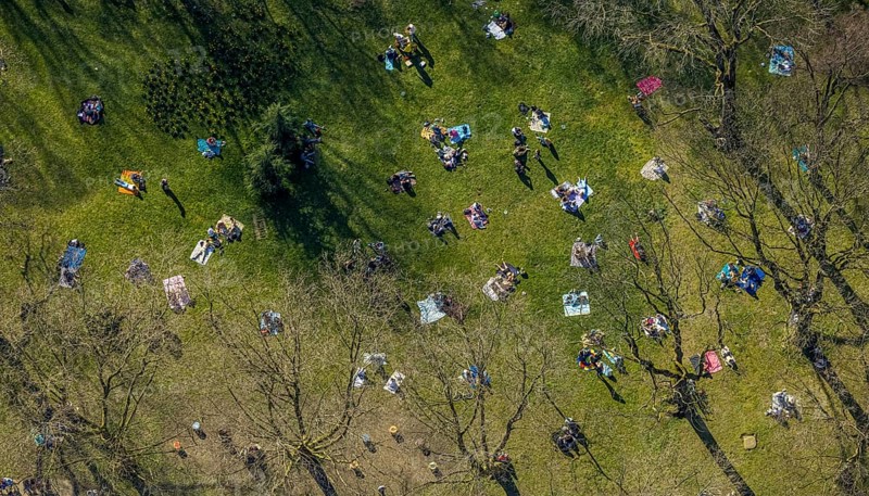 Aerial view, lawns in Westpark, spring weather on Dortmund's lawns, Dortmund, Ruhr area, North Rhine-Westphalia, Germany, DE, Europe, birds-eyes view, aerial view, aerial photography, aerial photography, overview, overview, bird's eye view, spring, summer weather in March, Dortmund's lawns, sunbathing with Corona distance