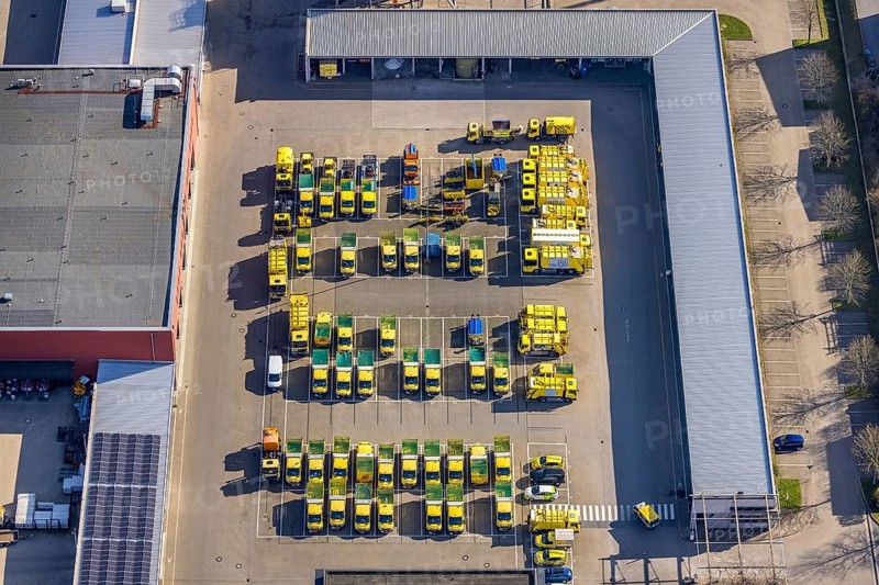 Aerial view, EDG - Entsorgung Dortmund GmbH, car park, Dortmunder Mineralstoffverwertungs GmbH, harbour, Dortmund, Ruhr area, North Rhine-Westphalia, Germany, DE, Europe, shapes and colours, commercial enterprises, commercial area, commercial location, commercial use, industrial area, industrial location, aerial photograph, aerial photography, aerial photography, overview, bird's-eye view, overview