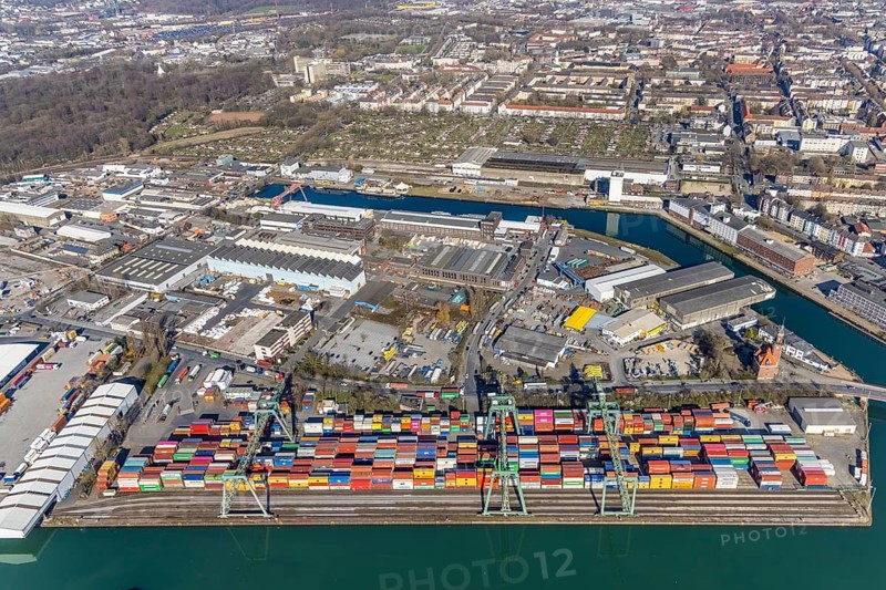 Aerial view, Port of Dortmund, Old Port Authority, Container Terminal, harbour, Dortmund, Ruhr area, North Rhine-Westphalia, Germany, DE, Europe, harbour area, harbour overview, canal road, aerial view, aerial photography, aerial photography, overview, bird's-eye view, overview