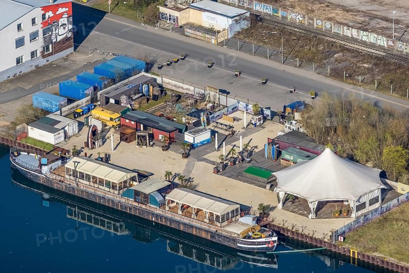 Aerial view, harbour Dortmund, ship and gastronomy Walter, harbour, Dortmund, Ruhr area, North Rhine-Westphalia, Germany, outdoor gastronomy, Corona crisis, Corona measures, Corona virus, DE, food and drink, Europe, gastronomy, aerial photography, aerial photography, aerial photography, overview, bird's eye view, birds-eyes view, overview