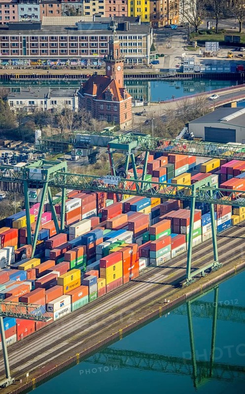 Aerial view, Port of Dortmund, Old Port Authority, Container Terminal, harbour, Dortmund, Ruhr area, North Rhine-Westphalia, Germany, DE, Europe, harbour area, harbour overview, canal road, aerial view, aerial photography, aerial photography, overview, bird's-eye view, overview