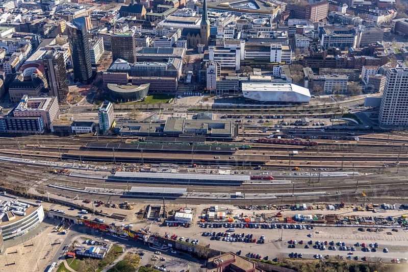 Aerial view, construction site with reconstruction and new construction of platforms at Dortmund main station, city, Dortmund, Ruhr area, North Rhine-Westphalia, Germany, railway tracks, station, construction work, construction, construction area, construction site, construction site, construction project, construction site, DE, Deutsche Bahn AG, Europe, railway tracks, main station, central station, aerial view, aerial photography, aerial photography, new construction, overview, bird's-eye view, overview