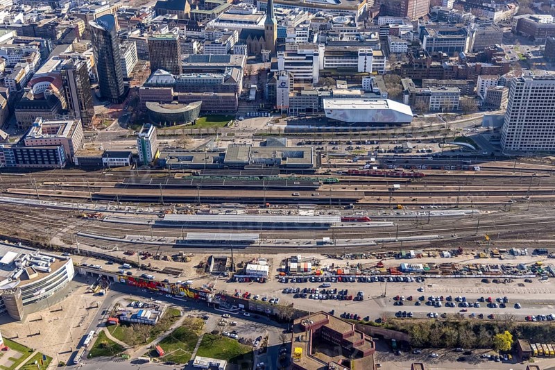 Aerial view, construction site with reconstruction and new construction of platforms at Dortmund main station, city, Dortmund, Ruhr area, North Rhine-Westphalia, Germany, railway tracks, station, construction work, construction, construction area, construction site, construction site, construction project, construction site, DE, Deutsche Bahn AG, Europe, railway tracks, main station, central station, aerial view, aerial photography, aerial photography, new construction, overview, bird's-eye view, overview