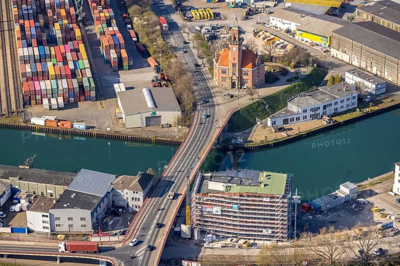 Aerial view, Port of Dortmund, Old Port Authority, construction site Speicherstraße at Sunderwegbrücke, container terminal, harbour, Dortmund, Ruhr area, North Rhine-Westphalia, Germany, construction work, construction, construction area, construction site, building site, construction project, construction site, DE, Europe, port area, port overview, canal road, aerial view, aerial photography, aerial photography, new construction, overview, bird's-eye view, overview