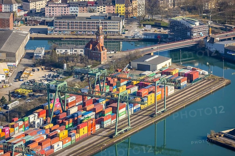Aerial view, Port of Dortmund, Old Port Authority, Container Terminal, harbour, Dortmund, Ruhr area, North Rhine-Westphalia, Germany, DE, Europe, harbour area, harbour overview, canal road, aerial view, aerial photography, aerial photography, overview, bird's-eye view, overview