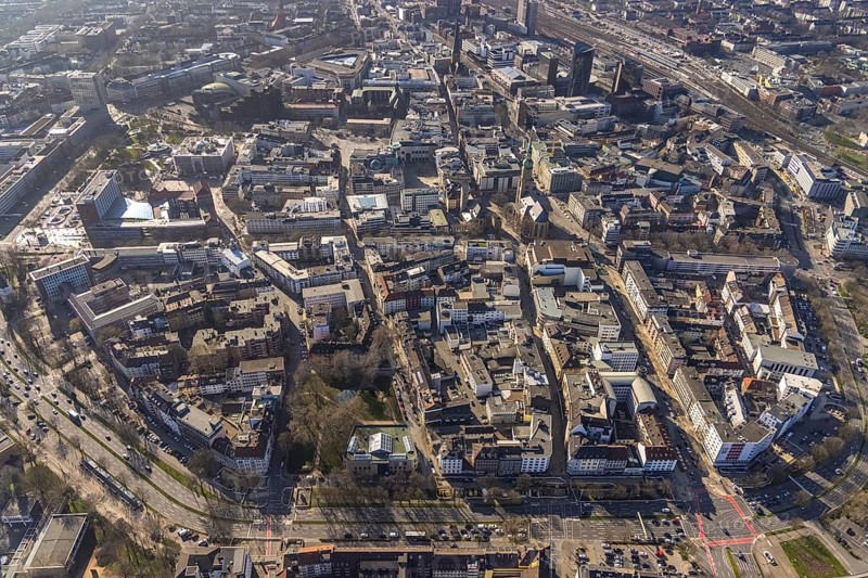 Aerial view, Dortmund city centre view, City, Dortmund, Ruhr area, North Rhine-Westphalia, Germany, place of worship, DE, shopping, shopping centre, Europe, religious community, place of worship, holy place, city centre, church, church congregation, denomination, aerial view, aerial photography, aerial view, Reinoldikirche, religion, religious site, shopping centre, townscape, city area, city centre, overview, bird's-eye view, Wall Straßen, Westenhellweg, birds-eyes view, overview