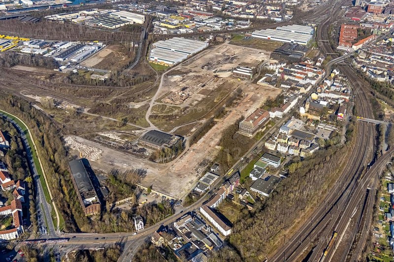 Aerial view, industrial estate of Union Gewerbehof GmbH Rheinische Straße, ZukunftsCampus, Union Viertel, Altes Versorgungsamt Hauptverwaltung Werk Union, Dorstfelder Brücke, Dortmund, Ruhr area, North Rhine-Westphalia, Germany, DE, Europe, aerial view, aerial photography, aerial photography, overview, bird's eye view, birds-eyes view, overview