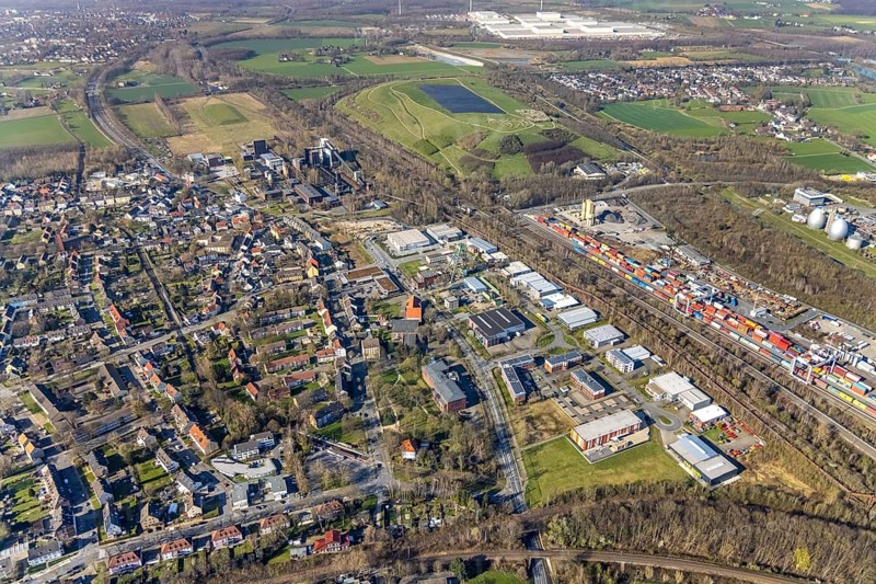 Aerial view, industrial monument Hansa coking plant, construction work on salt factory, screening plant and sorting tower, Huckarde, Dortmund, Ruhr area, North Rhine-Westphalia, Germany, construction work, building, construction area, building site, building plots, construction project, construction site, DE, Europe, industrial monument, aerial view, aerial photography, aerial photography, overview, bird's-eye view, overview