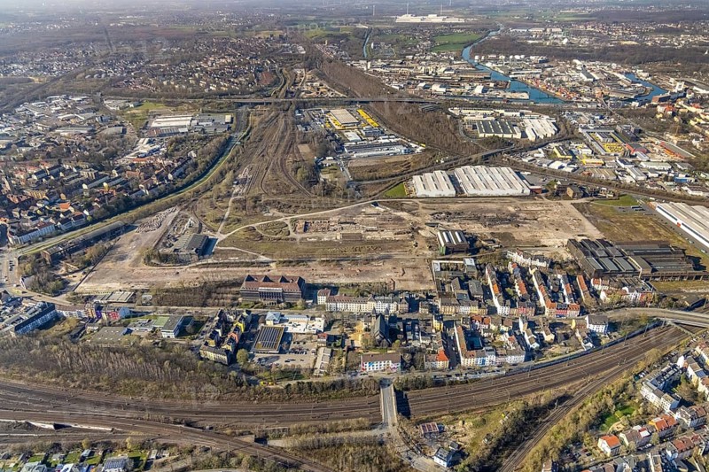 Aerial view, industrial estate of Union Gewerbehof GmbH Rheinische Straße, ZukunftsCampus, Union Viertel, Altes Versorgungsamt Hauptverwaltung Werk Union, Dorstfelder Brücke, Dortmund, Ruhr area, North Rhine-Westphalia, Germany, DE, Europe, aerial view, aerial photography, aerial photography, overview, bird's eye view, birds-eyes view, overview