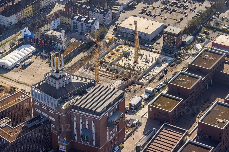 Aerial view, construction site, residential complex at the Dortmunder U-Tower, Dortmunder U with the Ostwall Museum, leisure centre west, Dorstfelder Brücke, Dortmund, Ruhr area, North Rhine-Westphalia, Germany, construction work, building, construction area, building site, building plots, building crane, construction project, construction site, DE, Europe, FZW, aerial view, aerial photography, aerial photography, new building, overview, bird's-eye view, overview